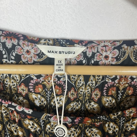 NWT Max Studio Pleated Plisse Floral Bell Sleeve Blouse Brown/Pink Size 1X - Picture 5 of 12
